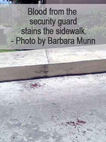 Barbara Munn takes shot of blood on the ground after an altercation between a security gaurd and criminals